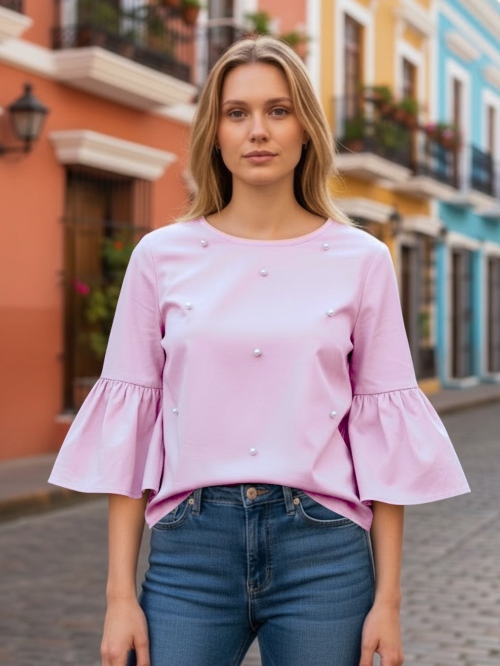 Philosophy Pearl Embellished Bell Sleeve Blouse l